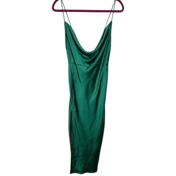 Lioness‎ Green Satin Cowl Neck Midi Dress W/ Slit Y2K Party Bachelorette - Picture 2 of 9